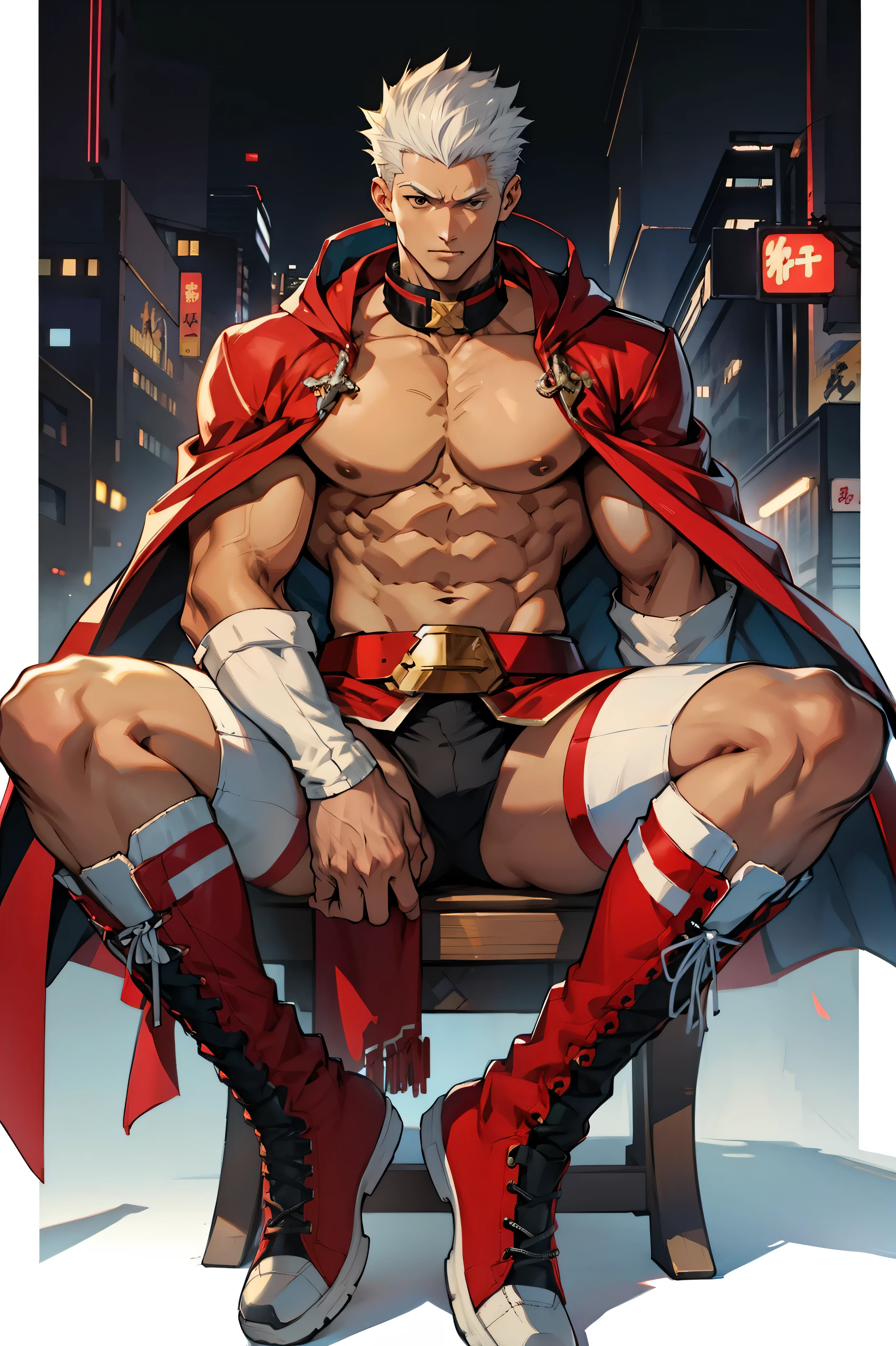 Highest image quality，male people，child，1 boy，Young and handsome，shoun，White color hair，Short flat top hair，Dark  skin，anime big breast，anime wallpaper，Solo，malefocus，Briefs，Dilation of the pectoral muscles，Red cape，Bulging crotch，Urban background，spread their legs，Sexy,(Masterpiece, Best quality),Long white socks，Red Martin boots，