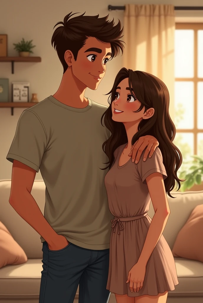 "A brother and sister, both in their early 20s, stand together in a well-lit room with a warm, welcoming atmosphere. The brother has a casual, protective stance, with his arm gently around his sister's shoulder. The sister, slightly shorter, smiles up at him with a look of affection. Both have brown hair and eyes, with the brother dressed in a simple t-shirt and jeans, and the sister in a casual dress. The scene captures their close sibling bond and mutual support."