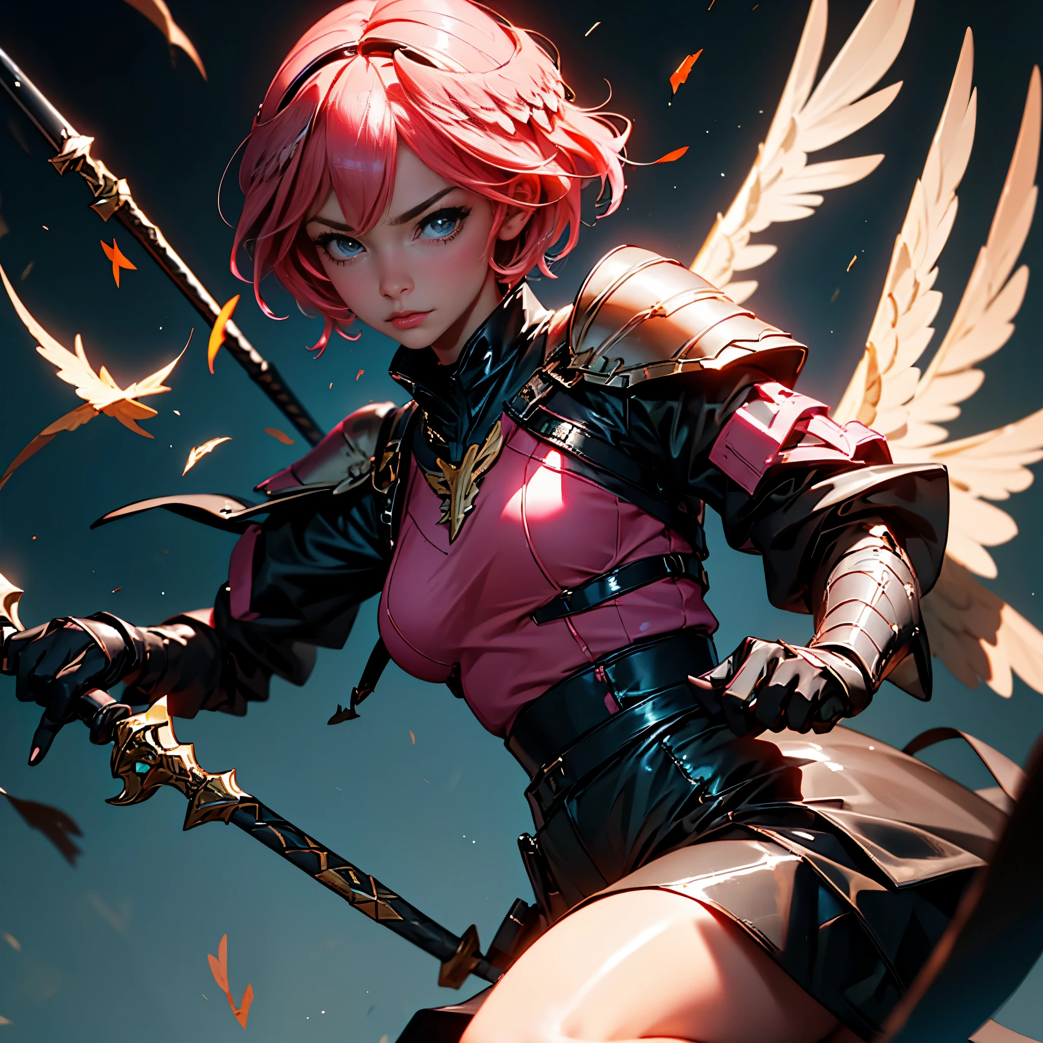 envision a 8k, highres, cinematic, beautiful close up portrait of a hawk woman with pretty mature features posing with a halberd with short pink hair, wings on head, a black shiny skirt, black tights, flight jacket, leather armor, magic effects in dark lighting, against a dark gray background