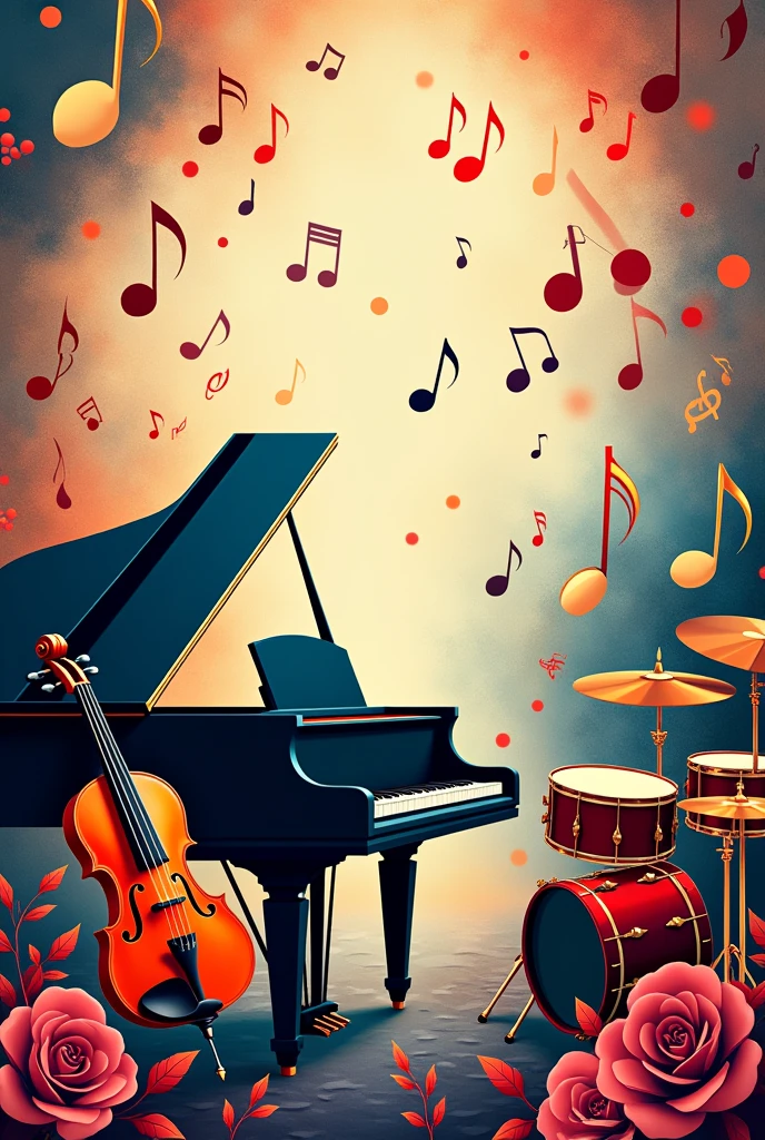 Image for the cover of my music-themed notebook with instruments and notes