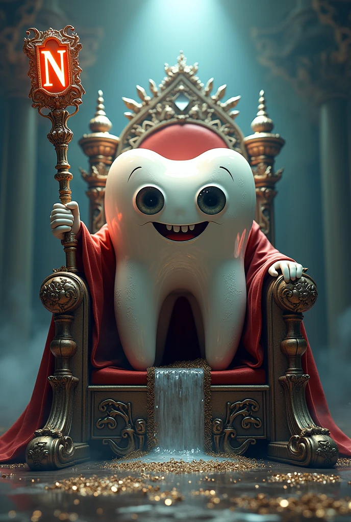 A majestic tooth, sitting on a diamond throne with a wand bearing the letter N
