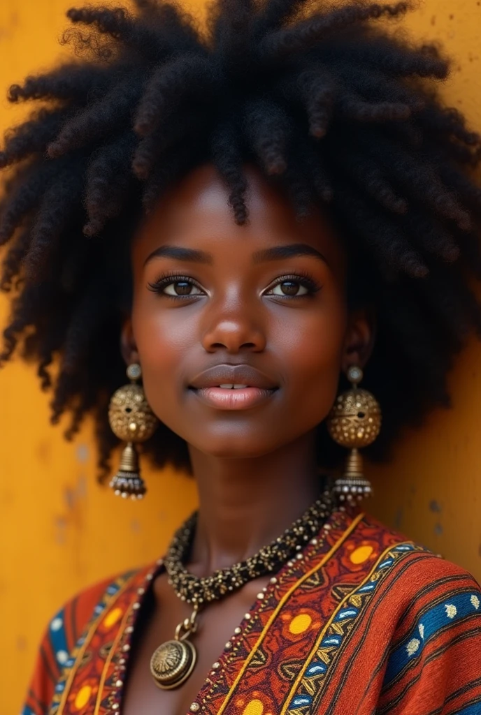 a black woman, curly haired, Youngh, with African clothes
