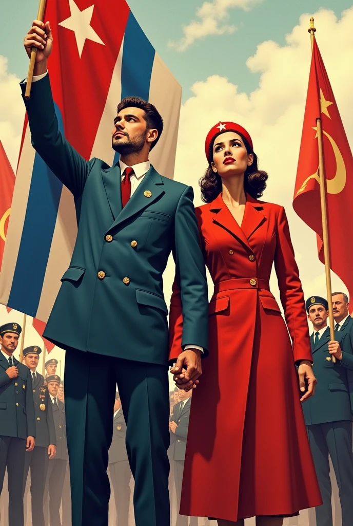 Man with Cuban flag holding hands with woman dressed as Soviet Union.