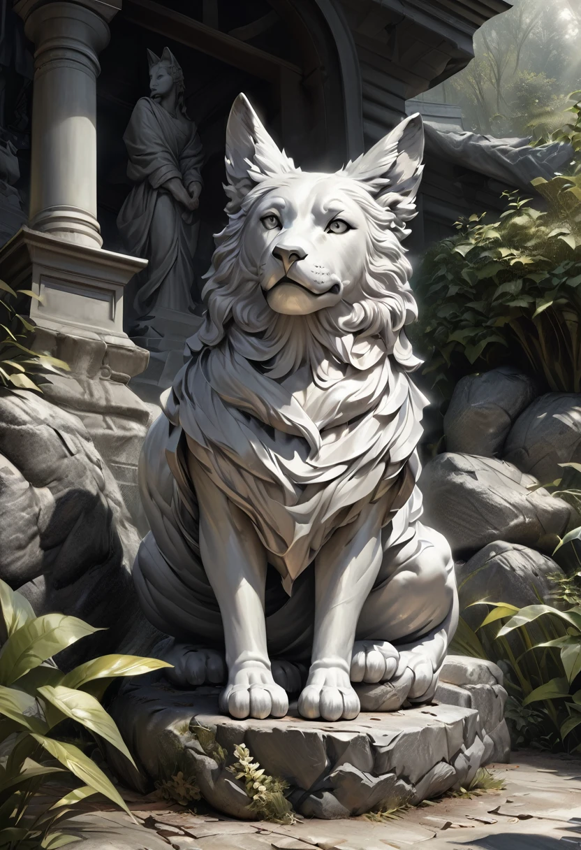 fox statue, rock, grey scales,front view, realistic, 8k resolution, masterpiece, Highest quality, elegant, Very detailed, nature, rock texture statue, flowers inside cracks, Clear Shadows.