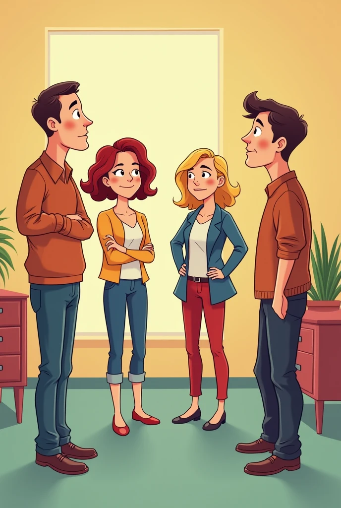 4 people looking at each other to find out who is lying cartoon 2 women and 2 men