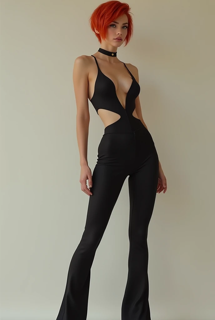 A Brazilian woman with 1,50, wearing short, tight black clothes, red short hair, new, no clothing