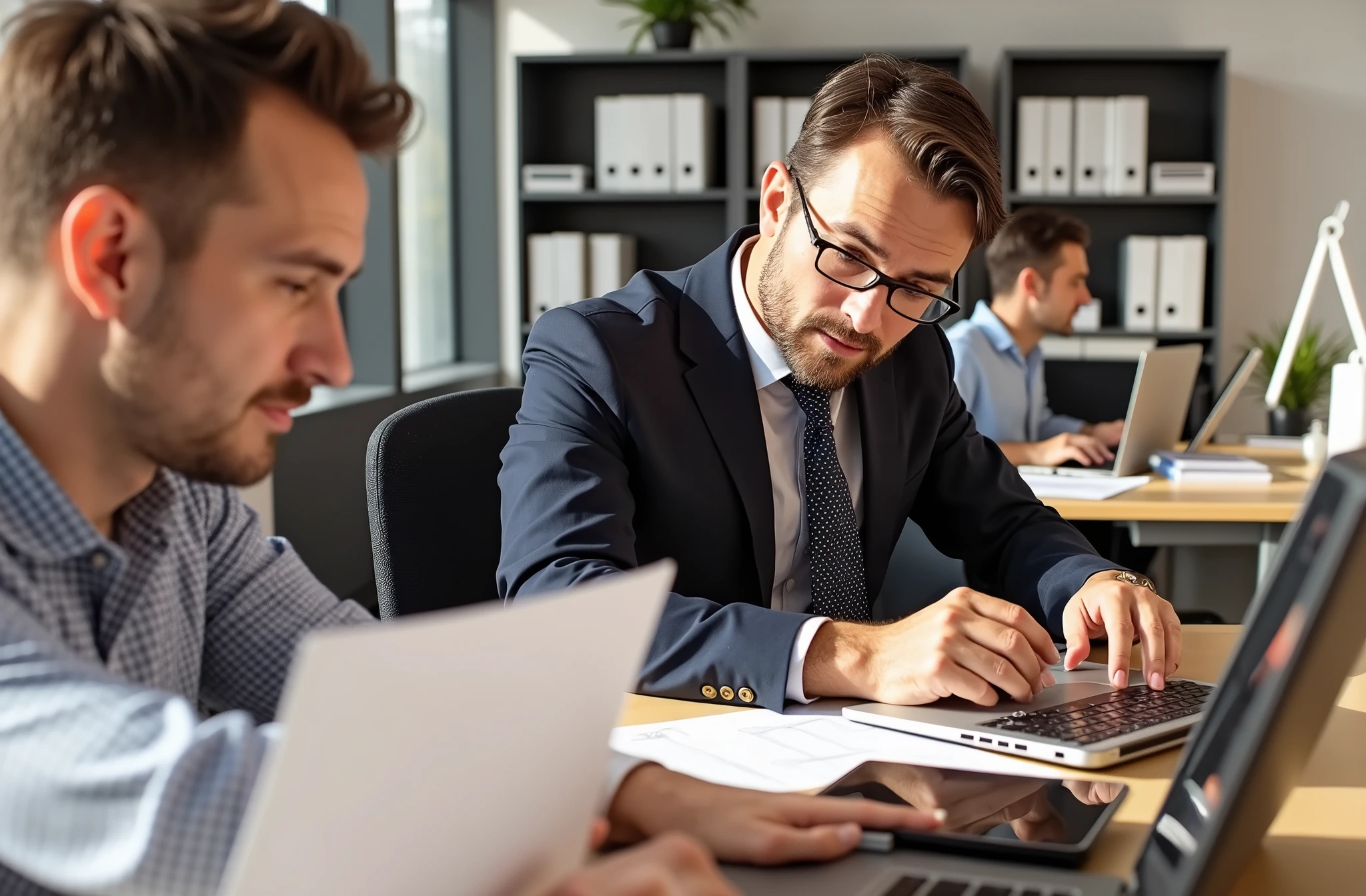 Three American male white-collar workers are operating laptops in the office，8k HD resolution，Natural light and shadow