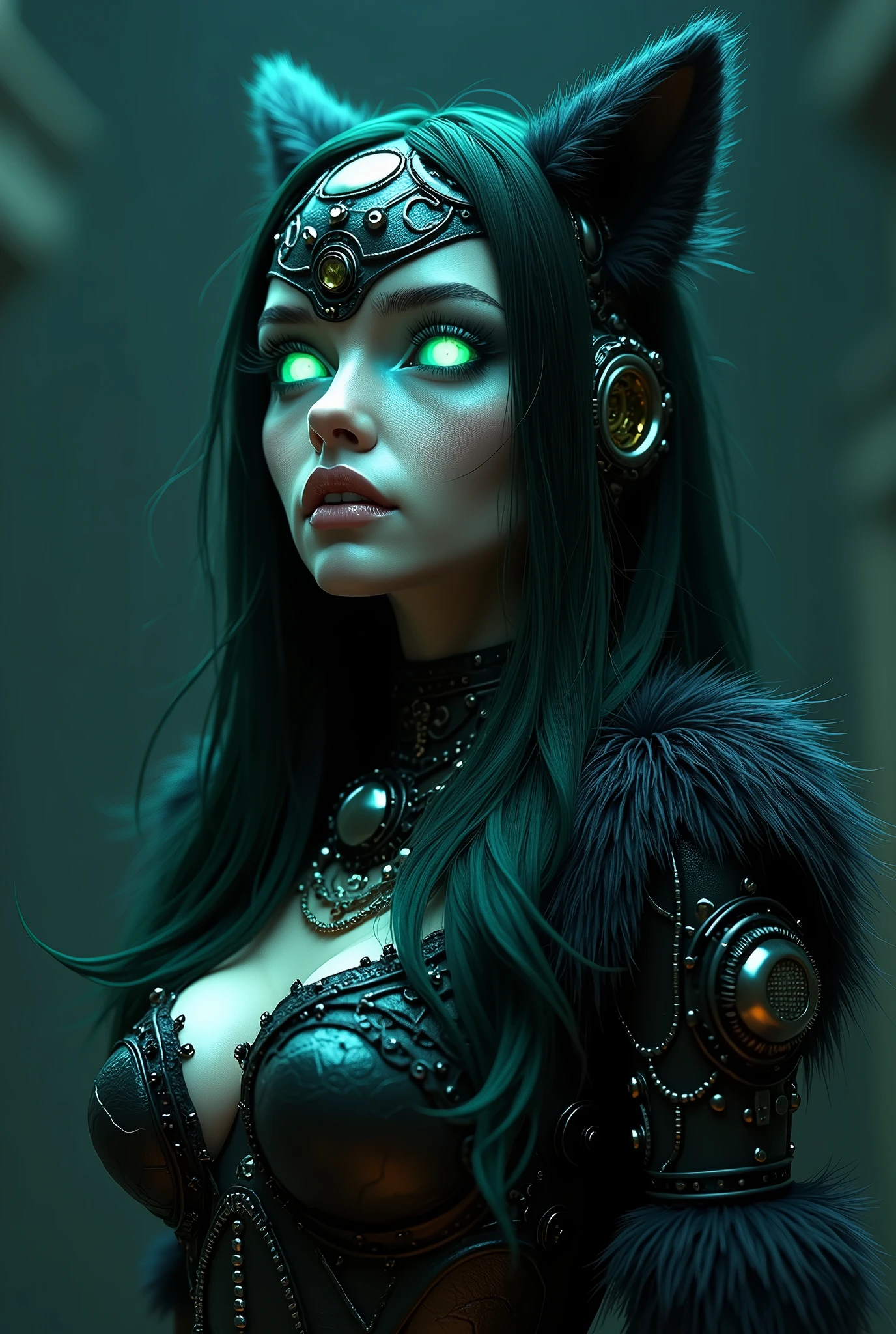 1girl, (solo), best quality, intricate details, sci-fi, (biopunk), (green whites of eyes, blue iris, compound eyes, narrow pupils, bright pupils, wide eyes, radioactive), parted mouth, nose , lips, ((wire, segmented tube, machines)), neon, purple, red, (black furry), furry female, animal ear fluff, cyborg, black fur, silhouette, nude, nipple