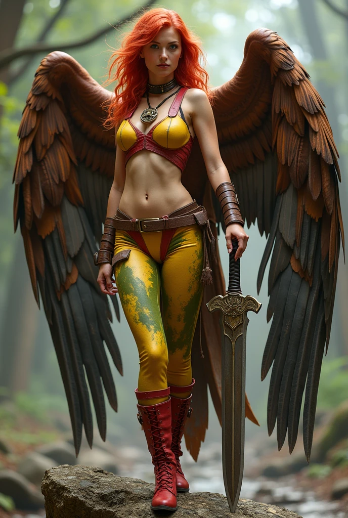 A beautiful red-haired woman wearing a green leather top with yellow in the middle and cali green leggings with red shorts over the leggings, red sheepskin boots, a giant wide-brimmed sword, huge brown falcon wings that cover her entire body, a brown harness on her chest