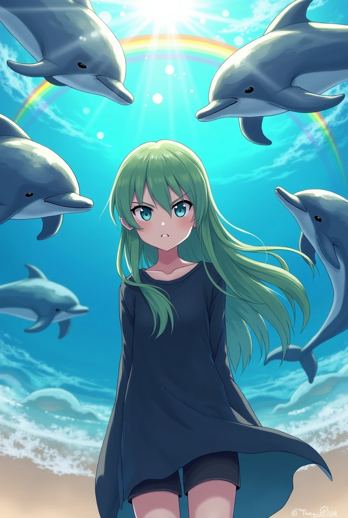 Rainbow dolphins, in a beach, bright rainbow in the background, Bright sea, anime girl, Long green hair, green eyes, Pale skin, long black shirt, black shorts, super angry face, high quality