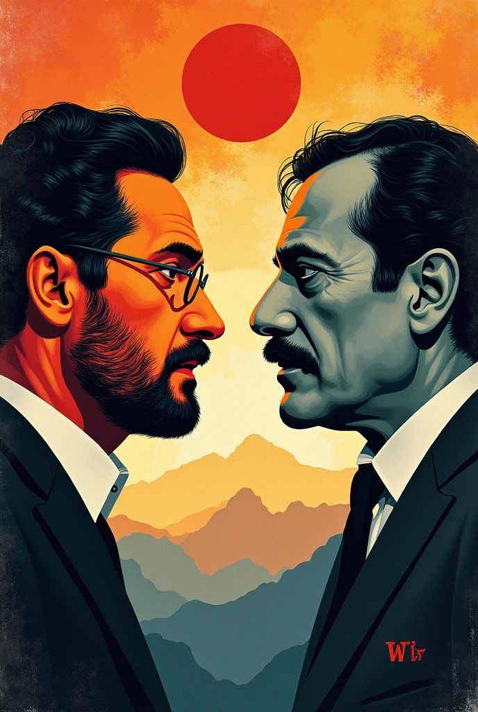 Create an iconic and curious poster by José Carlos Mariategui ( representing socialism) vs Victor Raul Haya de la Torre( representing the APRA) ; that has a sentence underneath : " FOR SOCIALISM".