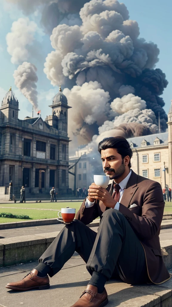 An animated scene of Khudiram sitting casually, sipping tea, while the British magistrate's office in the background has smoke rising from a missed bomb attempt. Historical images looks realistic 