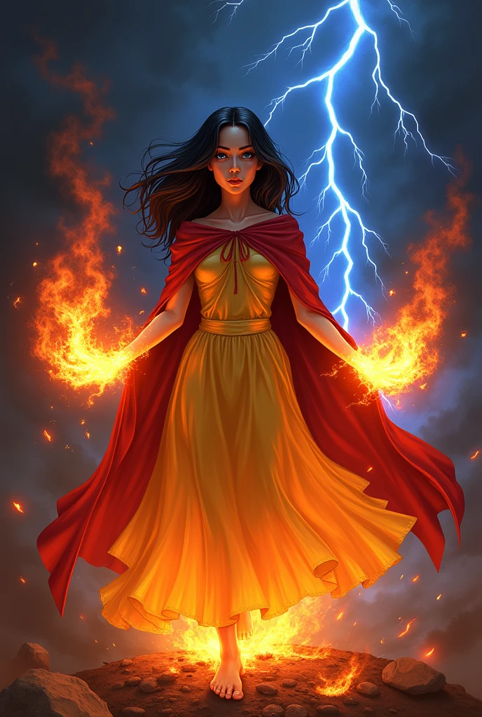 Davy of Fire, Blooming with Flame: black hair, blue eyes, yellow dress, scarlet cloak, Scarlet and blue flames emerge from the devi's hand and swirl around it; the background is black, Ascending lightning