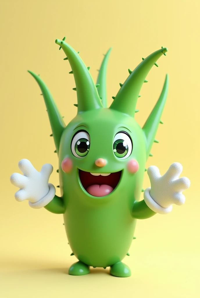 an aloe vera plant in 2d cartoon style , only solid, vibrant colors, with two cute eyes and two arms with both hands to the sides using puffy white gloves, very childish