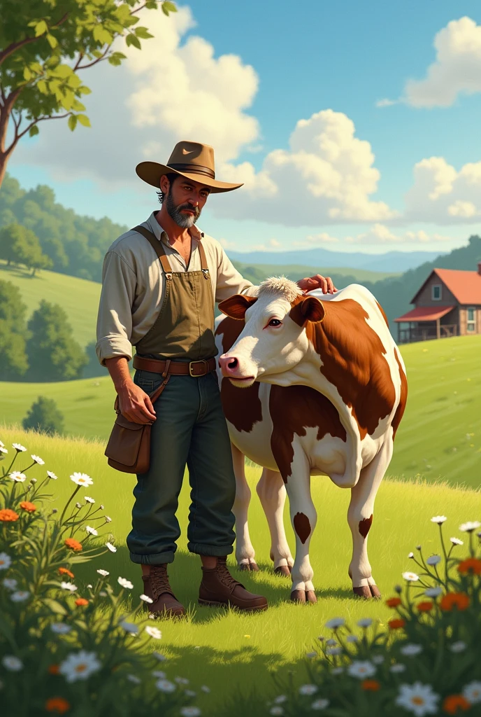 Six abs anime farmer in farm with two ox
