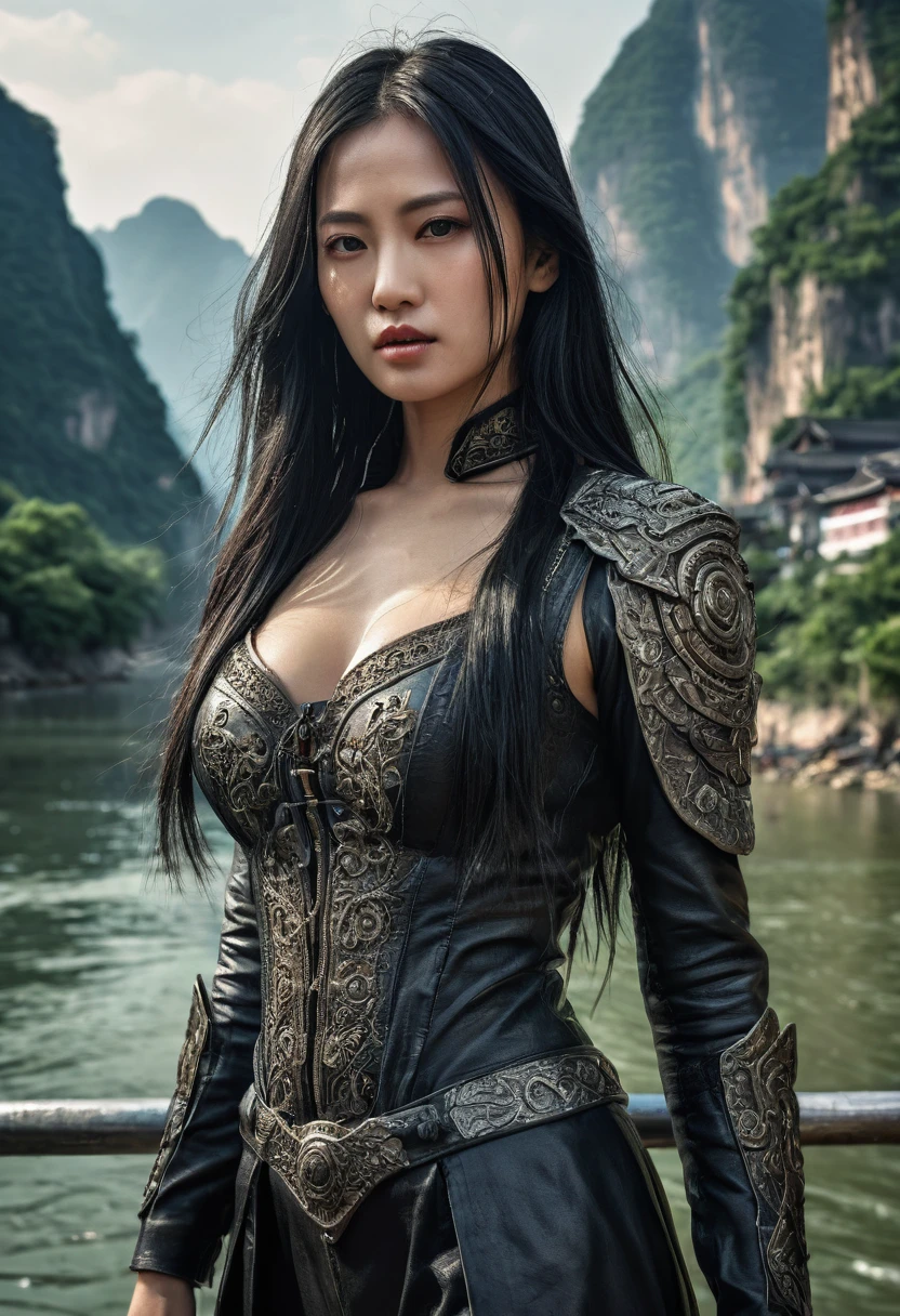 full body length shot, genius dressed lady Keiko, long black hair, wants eat, beauty in city of future, Cinematic, soft colors, Technicolor, natural skin textures, hyper realism, hyper detailed, Extremely detailed, Masterpiece, Realistic, Ultra Detailed, intricate details, realistic humid leather, extremly intricate, Epic Realistic, cinematic style, hdr, extremely detailed, masterpiece, intricate details, faded, eyes extremely detailed, high detailed eyes,16k resolution, RAW, Nikon Z9, Songbird, orc, Li River in China, Creative, masterpiece, fantasy, super detailed, high resolution, intricate details High Quality, 8k, Realistic, Ultra-Detailed, Dramatic Lighting, Soft Focus, Digital Illustration, Strong Gaze, Complex Mechanics, Advanced Technology, Dark Background, Cinematic, High Contrast, Moody, Strict, Atmosphere, (Best Quality, 4k, 8k, High Definition, Masterpiece: 1. 2 ), ultra-detailed, (realistic, graphic, photorealistic:1.37) --no glass --no bridge parapet