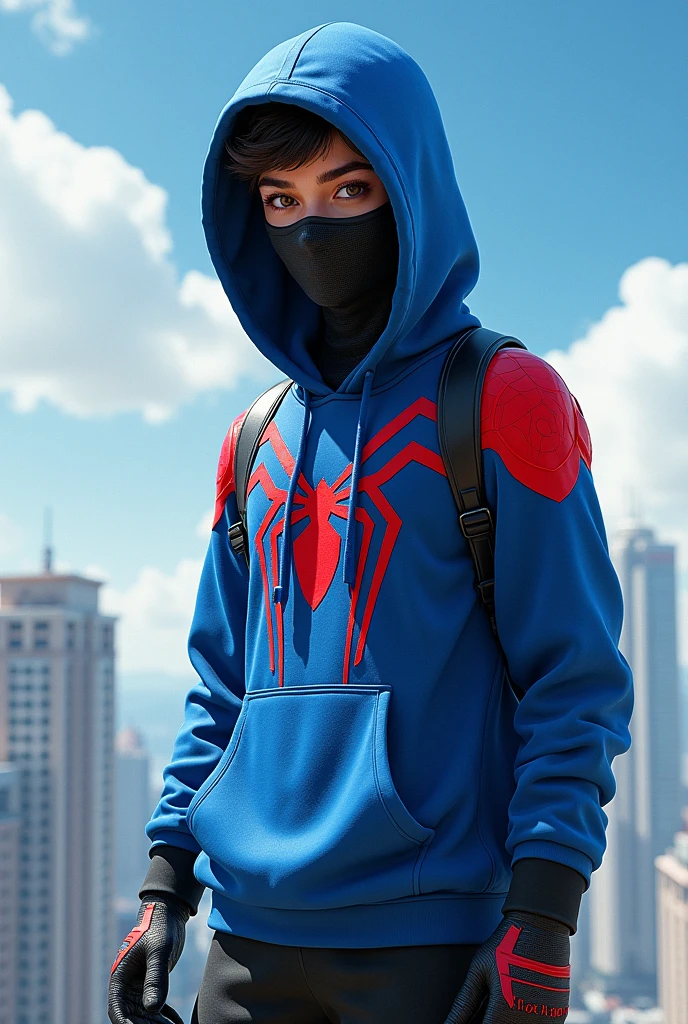 Sky blue and red ager espaiderman With a sweatshirt that has a cap, with black gloves, (that has a mask)
