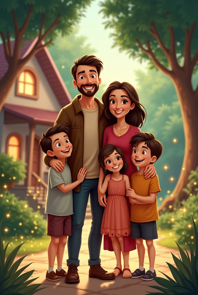 Use the man in the inspiration image, insert a woman into the scene, his wife and 3 children, everyone smiling like a happy family, use a house and trees as a background, create image in Disney character style
