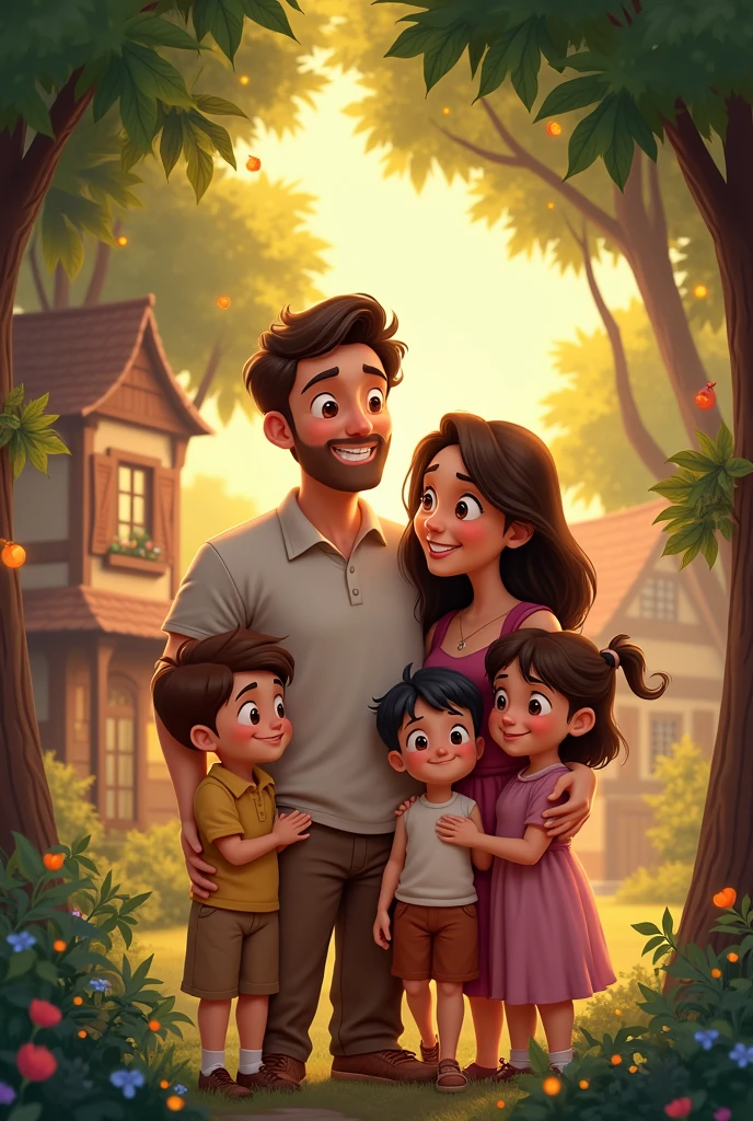 Use the man in the inspiration image, insert a woman into the scene, his wife and 3 children, everyone smiling like a happy family, use a house and trees as a background, create image in Disney character style