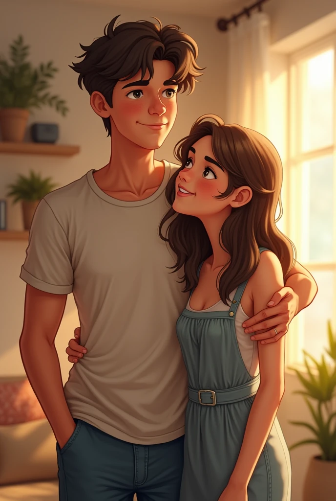 A brother and sister, both in their early 20s, stand together in a well-lit room with a warm, welcoming atmosphere. The brother has a casual, protective stance, with his arm gently around his sister's shoulder. The sister, slightly shorter, smiles up at him with a look of affection. Both have brown hair and eyes, with the brother dressed in a simple t-shirt and jeans, and the sister in a casual dress. The scene captures their close sibling bond and mutual support realistic