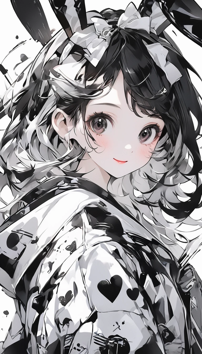 Create digital artwork in Pop Art style, ink style, draw with black ink on white paper, we pay attention to every detail of the smiling bunny girl.。, street fashion, surrounded by retro bunny pattern, black and white brush strokes, emotions should be dynamic.、Upper body、~ ~ side、、shape、black and white ink、fine ink line、Brush strokes are very detailed and dynamic、Use precise lines to express shadows、delicate and precise expression、Modern art 、Different stroke styles，Each has its own advantages and disadvantages、