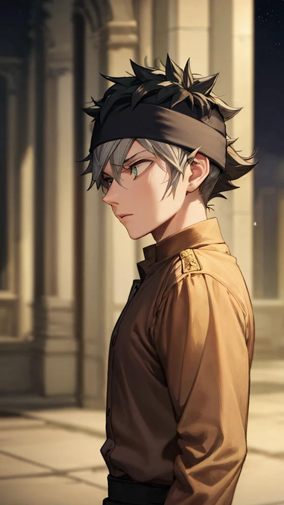 masterpiece, best quality, high quality, 1 person, solo, male focus, side angle, (looking away:1.5), upper body, asta, headband, gray hair, spiky hair, High quality, very realistic, no reasonable, tall, highly detailed, HDR, masterpiece, highly detailed face and eyes, black shirt, solo,, male, handsome,, standing straight, expressionless, his eyes are closed and, is in the park at night, His face still a teenager, he was around twenty years old, his face was still young, his head was tilted upwards, his eyes were still closed.