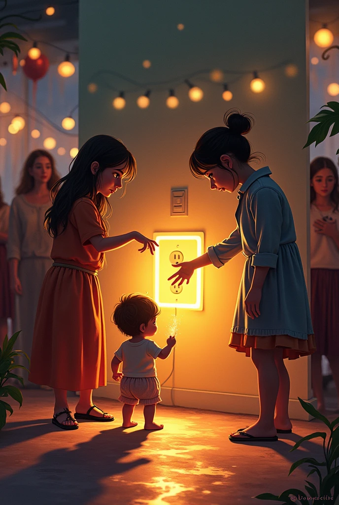 Chapter 3: The Emergency at the Party While the party was in full swing, Chispita noticed something strange. A was playing near an electrical outlet with a wet toy.
Chispita: "Careful! Don't touch that! It's dangerous!"
Lucia iluminó el área para que todos vieran.
Lucia: "We must always be careful with water and plugs. It is important to keep them away!"
The children quickly learned their lesson and made sure everyone was safe..
