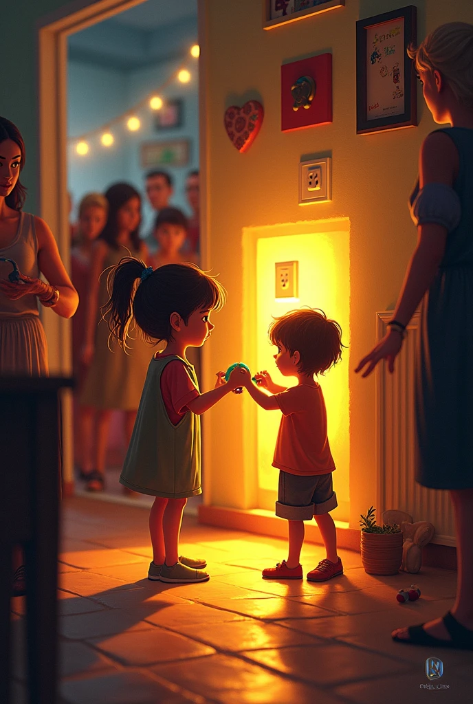 Chapter 3: The Emergency at the Party While the party was in full swing, Chispita noticed something strange. A child was playing near an electrical outlet with a wet toy.
Chispita: "Careful! Don't touch that! It's dangerous!"
Lucia iluminó el área para que todos vieran.
Lucia: "We must always be careful with water and plugs. It is important to keep them away!"
The children quickly learned their lesson and made sure everyone was safe..