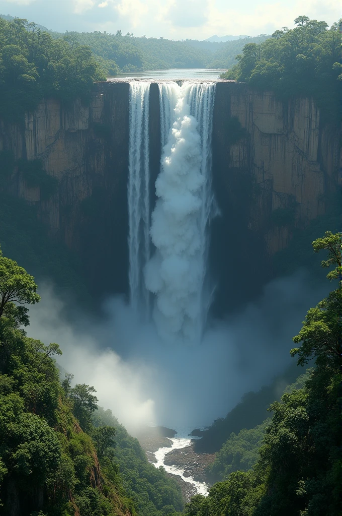 Render an image of Angel Falls, featuring its staggering height as it plunges from the top of a tabletop mountain. The waterfall should be shown in a remote, lush jungle setting with the dramatic drop and the surrounding forest canopy below, capturing the grandeur and isolation of the falls.”