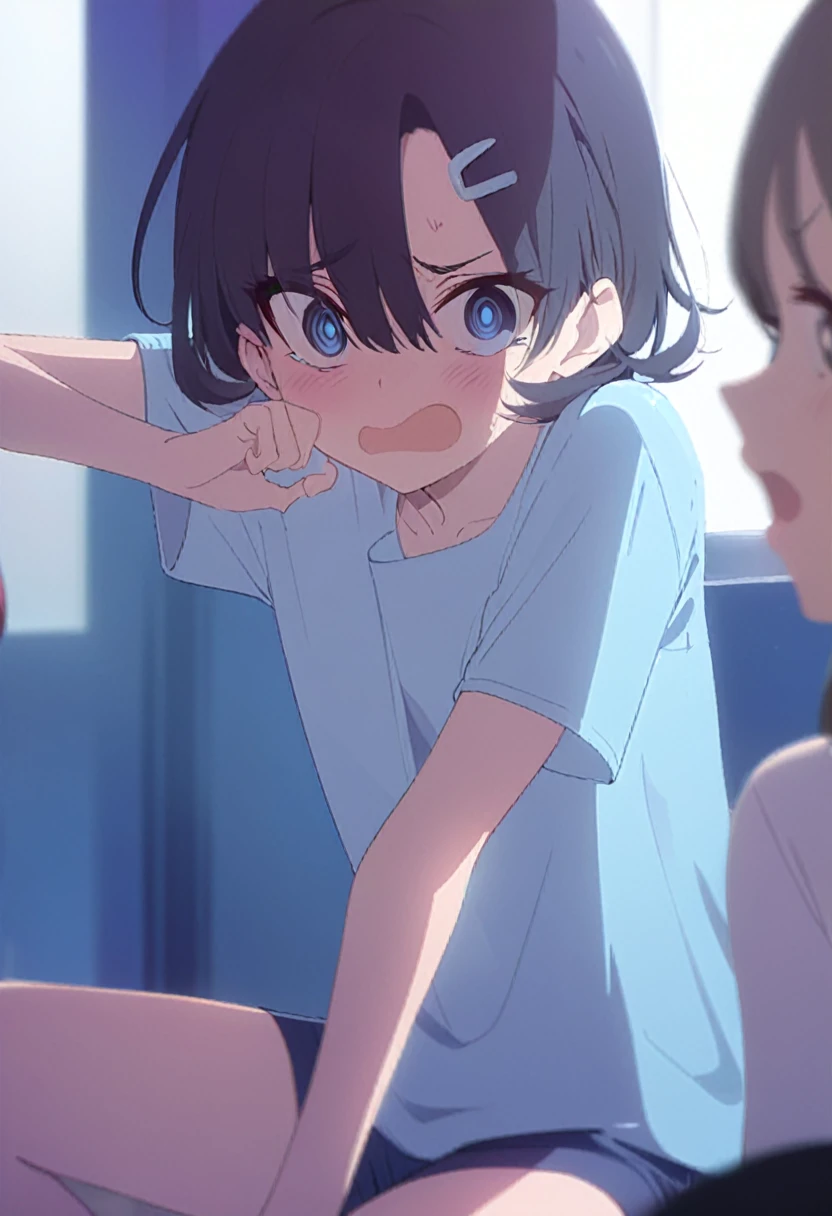 work of art,best qualityer,Depth of field,8k,gazing at viewer,dark gray hair,blue colored eyes,mascle,t - shirt,Shorts,studio,Surprised expression,Stroke the cheek,(charismatic eyes 1:1),wseifuku,posh