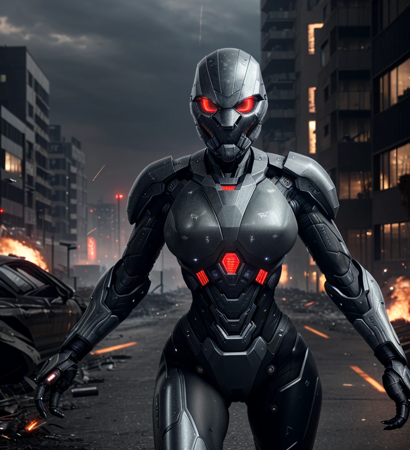 (A powerful female warrior in high-tech armor inspired by War Machine:1.5), (sleek, metallic exosuit with a futuristic design:1.4), (the armor is dark gray and black with sharp, angular lines and glowing red accents:1.5), (intricate details on the suit with visible weapon systems integrated into the arms and shoulders:1.4), (a helmet with a sleek visor that conceals her fierce eyes:1.4), (strong, muscular build emphasizing her strength and combat readiness:1.5), (dynamic pose, ready for battle with weapons at the ready:1.4), (backdrop of a war-torn cityscape with sparks flying and debris:1.3), (high-tech interface elements visible around her, indicating a connection to advanced systems:1.4), (reflection of light on the armor showing the battle's intensity:1.4), (smoke and fire in the background adding drama to the scene:1.3), (highly detailed and realistic textures:1.4), (intense and action-packed atmosphere:1.4)