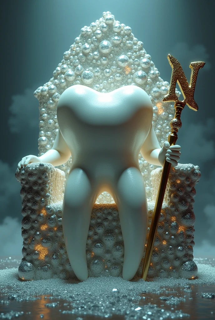 A majestic and beautiful tooth, sitting on a diamond throne with a wand bearing the letter N