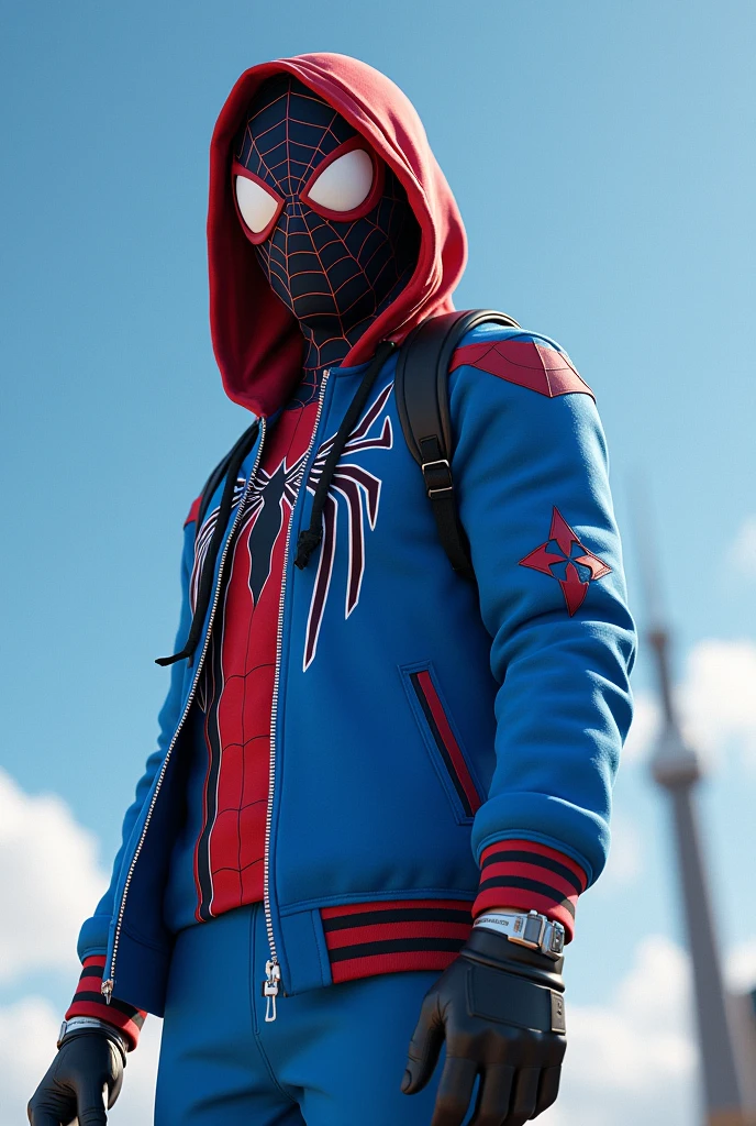 Sky blue and red teenager espaiderman With a sweatshirt that has a cap, with black gloves, (that has a mask)