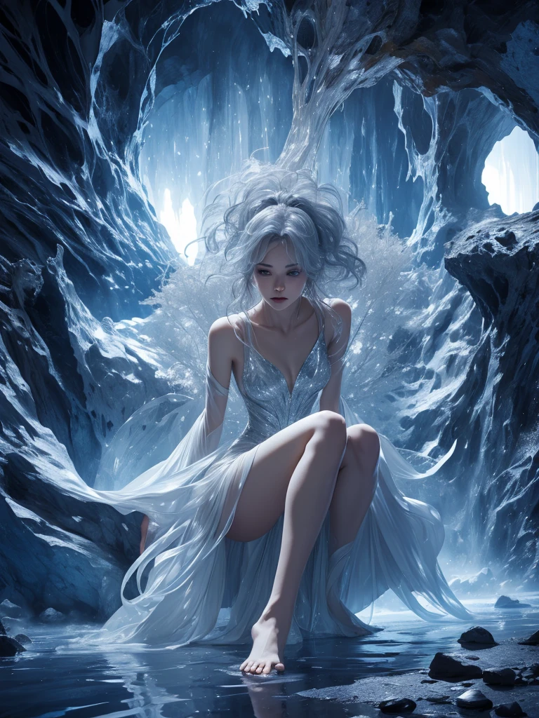 crystal、cave、shine、Light shines in、reflection、Rough Stone、mysterious、universe、Photorealistic、