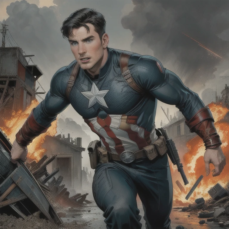 realistic,photorealistic,photo-realistic:1.37,best quality,4k,8k,highres,masterpiece:1.2,ultra-detailed,Chris Evans as Captain America,World War II battlefield scene,cinematic scene,dramatic lighting,intense action,heroic pose,military uniform,gritty textures,cloudy sky,explosions,gunfire,war machinery,detailed facial features,piercing blue eyes,chiseled jawline,determined expression