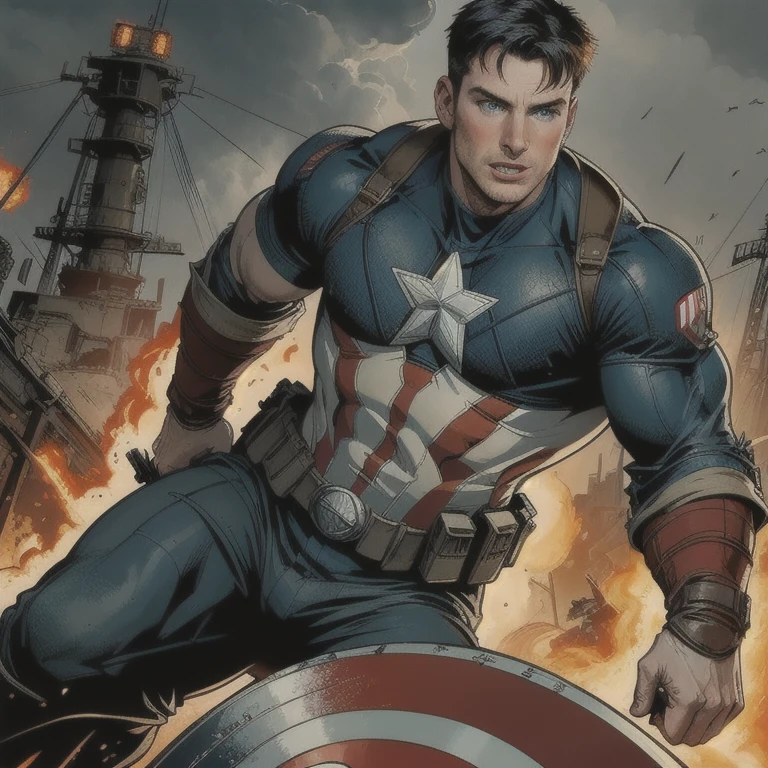 realistic,photorealistic,photo-realistic:1.37,best quality,4k,8k,highres,masterpiece:1.2,ultra-detailed,Chris Evans as Captain America,World War II battlefield scene,cinematic scene,dramatic lighting,intense action,heroic pose,military uniform,gritty textures,cloudy sky,explosions,gunfire,war machinery,detailed facial features,piercing blue eyes,chiseled jawline,determined expression