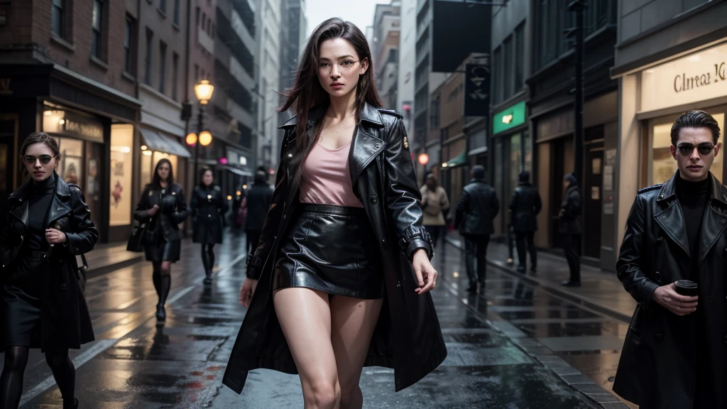 Trinity from The Matrix wearing a black trench coat and a very short black mini skirt lifting the skirt with her hand while walking on the city street showing the color of her pink panties underneath the skirt