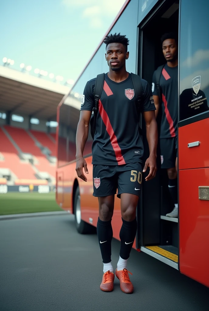 Black skinned European football player , leaving the club sports bus, normal club wear dress, with a backpack, Outside the stadium, arredores Outside the stadium onde o autocarro estacionou.