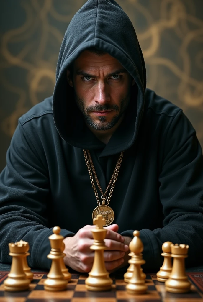 Chess player sitting, in front of him a chess board, Staunton model pieces, wood color in the boxes . Dressed in a black hood and around the neck a necklace with a medal that says: Checkmate. behind winding and cloudy background, Penetrating and thoughtful look, a chess piece in his hand. portrait, cinematic lighting, dramatic lighting, warm color tones, dramatic colors