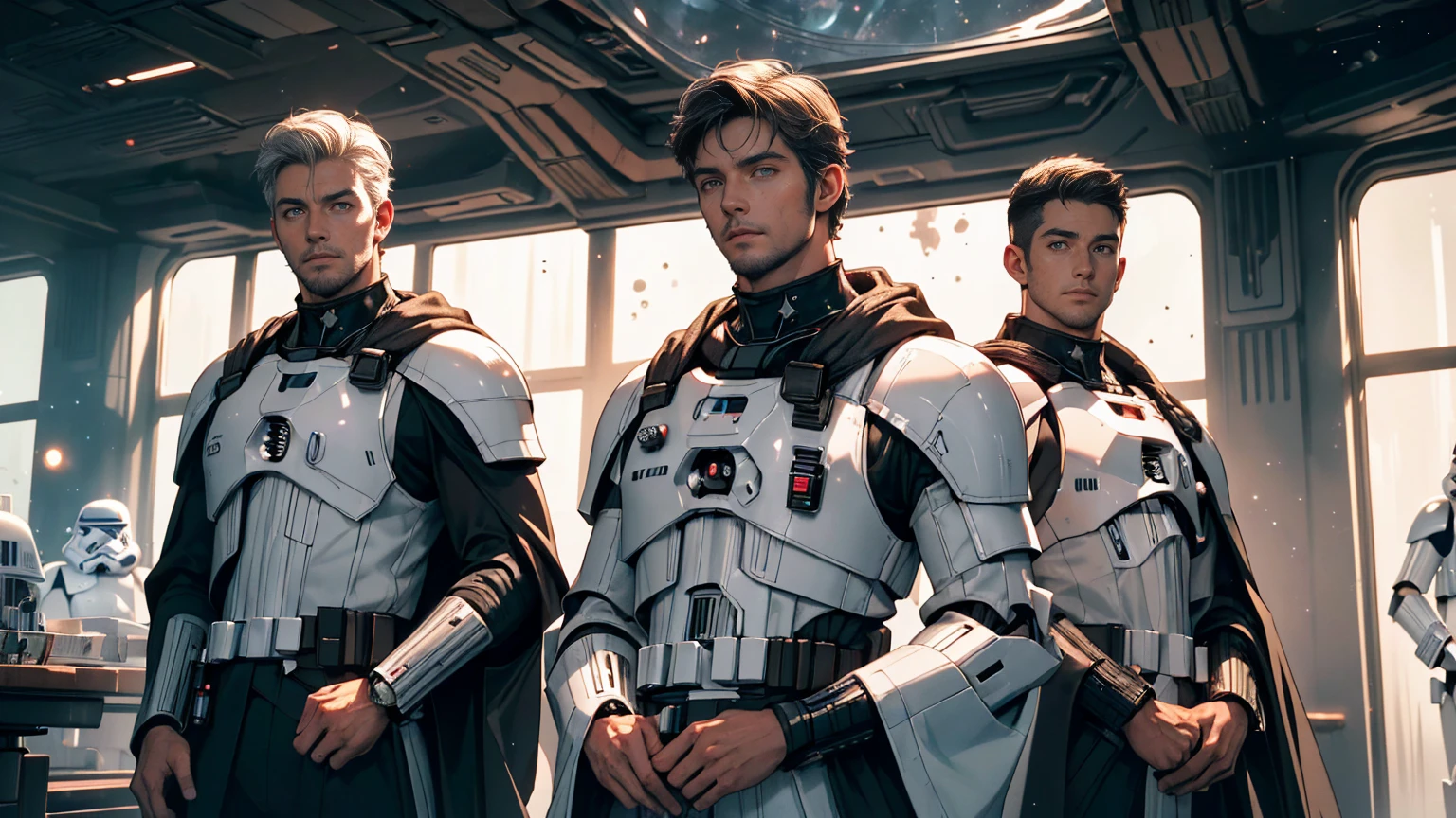 A handsome guy with short white hair wearing black and red space suit clothing, walking along inside a spaceship. (best quality, 4k, highres, masterpiece:1.2), ultra-detailed, (realistic:1.37) Additional details: His clothes are adorned with intricate embroidery with a laser pistols on each side of his hip. The backdrop shows a window outside of the spaceship that shows earth in it's entirety. (star wars-themed:1.2) Color palette: Deep and rich neutral tones (rich colors) Lighting: Moonlight streaming down, casting long shadows. (moonlight, scary, dramatic shadows)