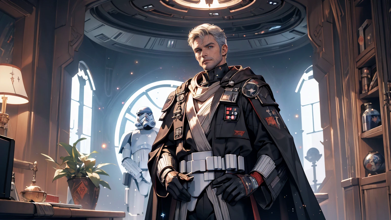 A handsome guy with short white hair wearing black and red space suit clothing, walking along inside a spaceship. (best quality, 4k, highres, masterpiece:1.2), ultra-detailed, (realistic:1.37) Additional details: His clothes are adorned with intricate embroidery with a laser pistols on each side of his hip. The backdrop shows a window outside of the spaceship that shows earth in it's entirety. (star wars-themed:1.2) Color palette: Deep and rich neutral tones (rich colors) Lighting: Moonlight streaming down, casting long shadows. (moonlight, scary, dramatic shadows)