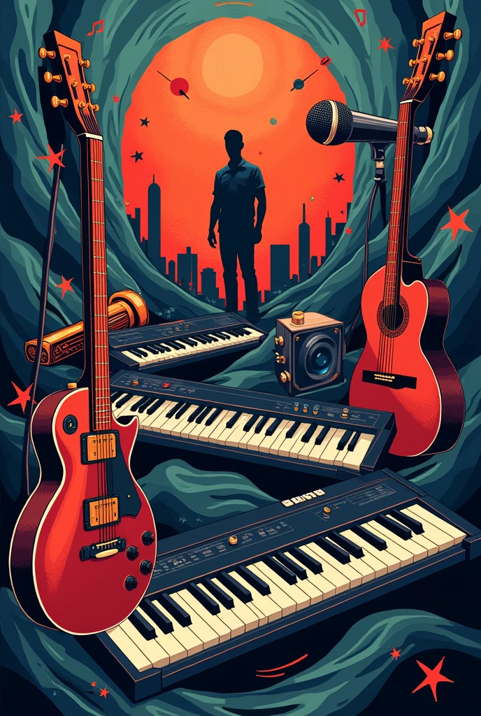 Image for the cover of my music-themed notebook with instruments and an egocentric background