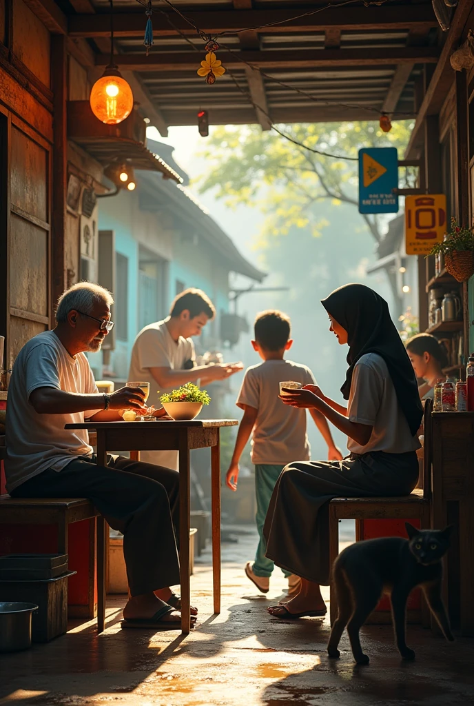 (Photorealism 1.2) high detailed definition cinematic cinematography  old malay man wearing white t-shirt wearing songkok trousers wearing shoes at old rusty wood coffee shop sitting drinking coffee bowl of noodles at table  young women hijab shop attendant servings customer kids running cat begging food wet floor  morning mode sunlight silhouette at Malay old town malay noodle store chef cooking