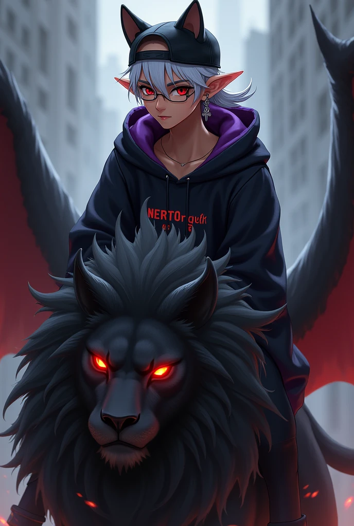 young man, Black skin tone, dark red eyes, elf ear small size, black earring in the shape of a cross but with two ears, wears prescription glasses, White hair, hair tied with ponytail, 2 strands of hair in the front, wears a black cap with a cat face, wears a closed hood with two different colors, black on one side and purple on the other, with an orange name written: NGGTO. Riding a red-eyed black lion with wings.