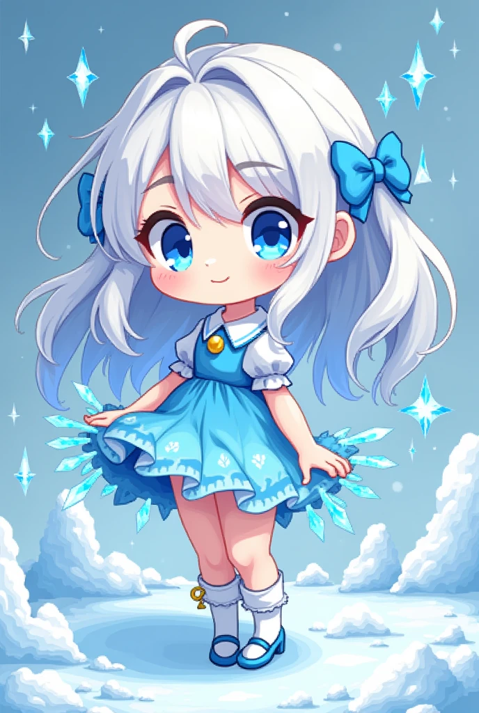 girl, ani, white hair, SD Character, Blue Eyes, Full Body, Ice Attribute, pixel art