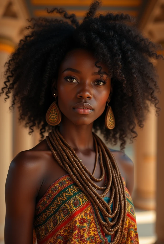 a black woman, curly haired, Youngh, with African clothes, from ancient times