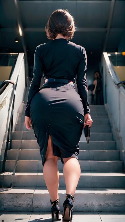 (Full body photo:1.9), (Shooting from behind:1.5), Clothes are tight to the body, (((Long pencil skirt))), Climbing the stairs at the station, ((walk)), expensive, glamorous, Stiletto heels, Short Hair, carrying a handbag, Voluptuous figure