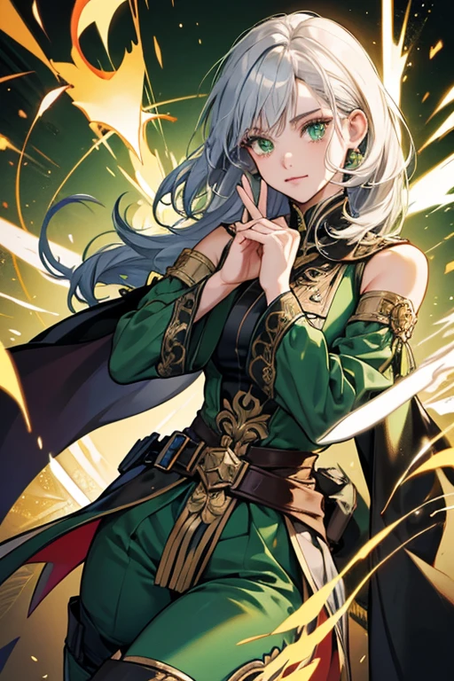 silver hair. she wears a dark half-off coat-like garment with a green front and lapels. The coat's color fades from dark green to black and has numerous golden details and numerous trinkets, as well as a black mini cape with a golden underside. The "sleeve" of this garment that she wears is her left sleeve, leaving her right arm exposed. sHe sports a tight black top with a split high collar and detached sleeves, also decorated with golden details and a green ornament on her chest. Her arm sleeves partially cover her hands, leaving certain fingers exposed. These are held together with numerous gold-patterned green fabrics around her waist from which a number of trinkets dangle including two light blue leaf-shaped charms, and three teardrop-like trinkets. sHe wears tight dark green pants and black and gold knee-high boots with a colorful top. Her Dendro Vision is attached to her coat on his left shoulder.

Glowing Ornaments
While wearing The Rational, when Alhaitham's Elemental Burst is ready, the colorful tops of her boots will glow along with her Vision. SPARKLE; GLITTER