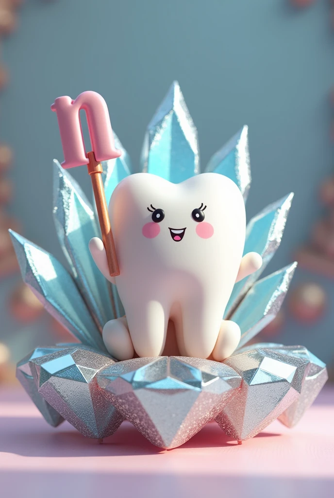 A cute and feminine version of a tooth, sitting on a diamond throne with a wand bearing the letter N