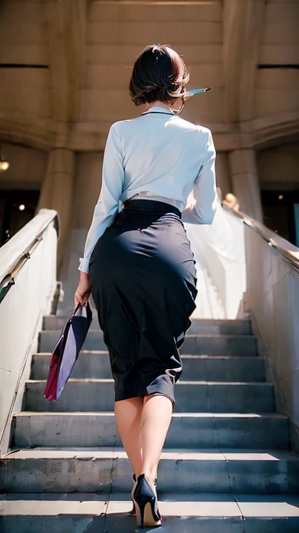 (Full body photo:1.9), (Shooting from behind:1.5), Clothes are tight to the body, (((Long pencil skirt))), Climbing the stairs at the station, ((walk)), expensive, glamorous, Stiletto heels, Short Hair, carrying a handbag, Voluptuous figure